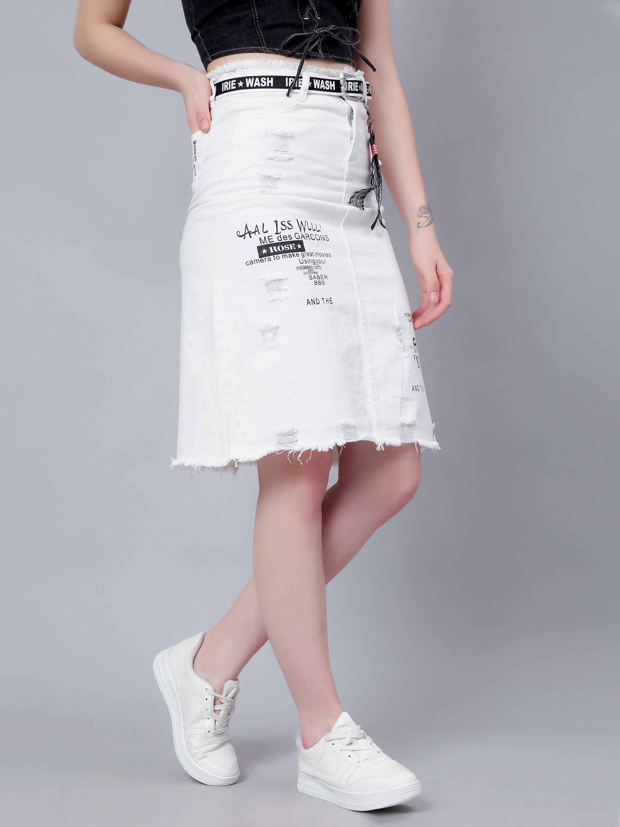 Denim Letter Print Fray Skirt