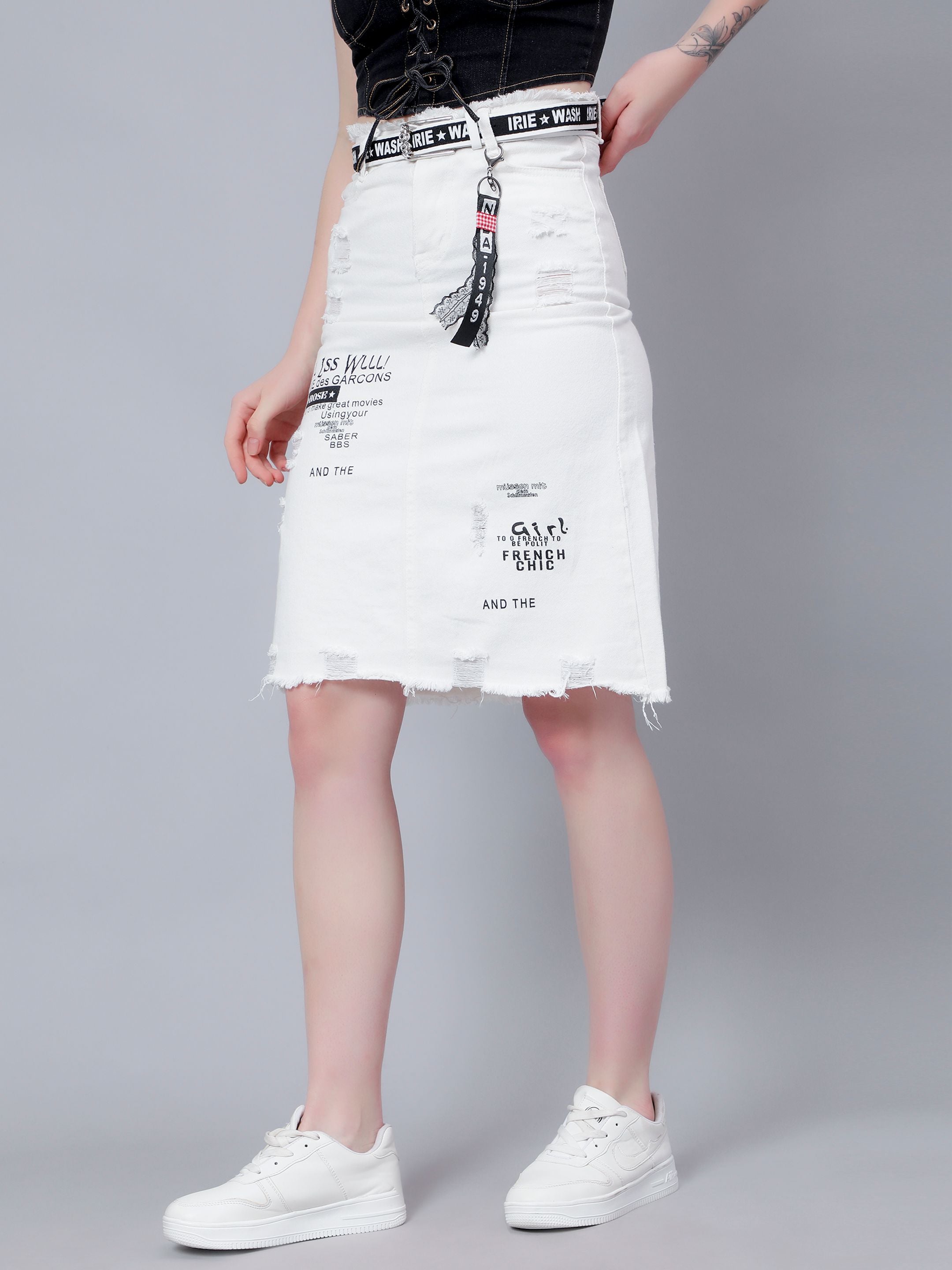 Denim Letter Print Fray Skirt