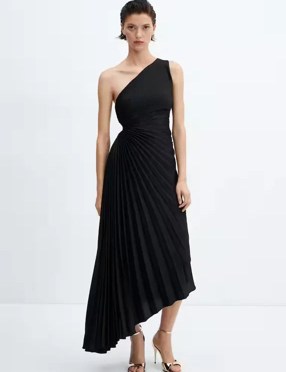 One-Shoulder Pleated Maxi Dress