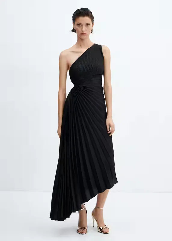 One-Shoulder Pleated Maxi Dress