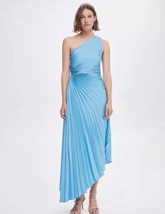 One-Shoulder Pleated Maxi Dress