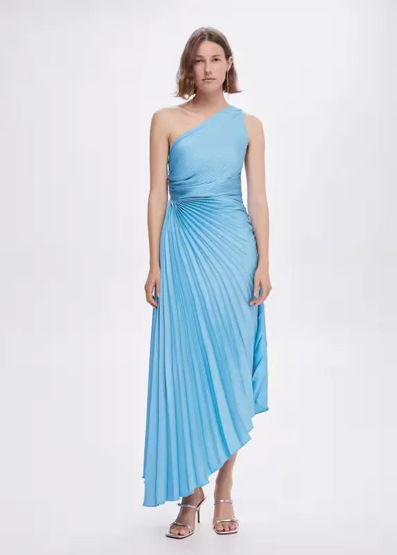 One-Shoulder Pleated Maxi Dress