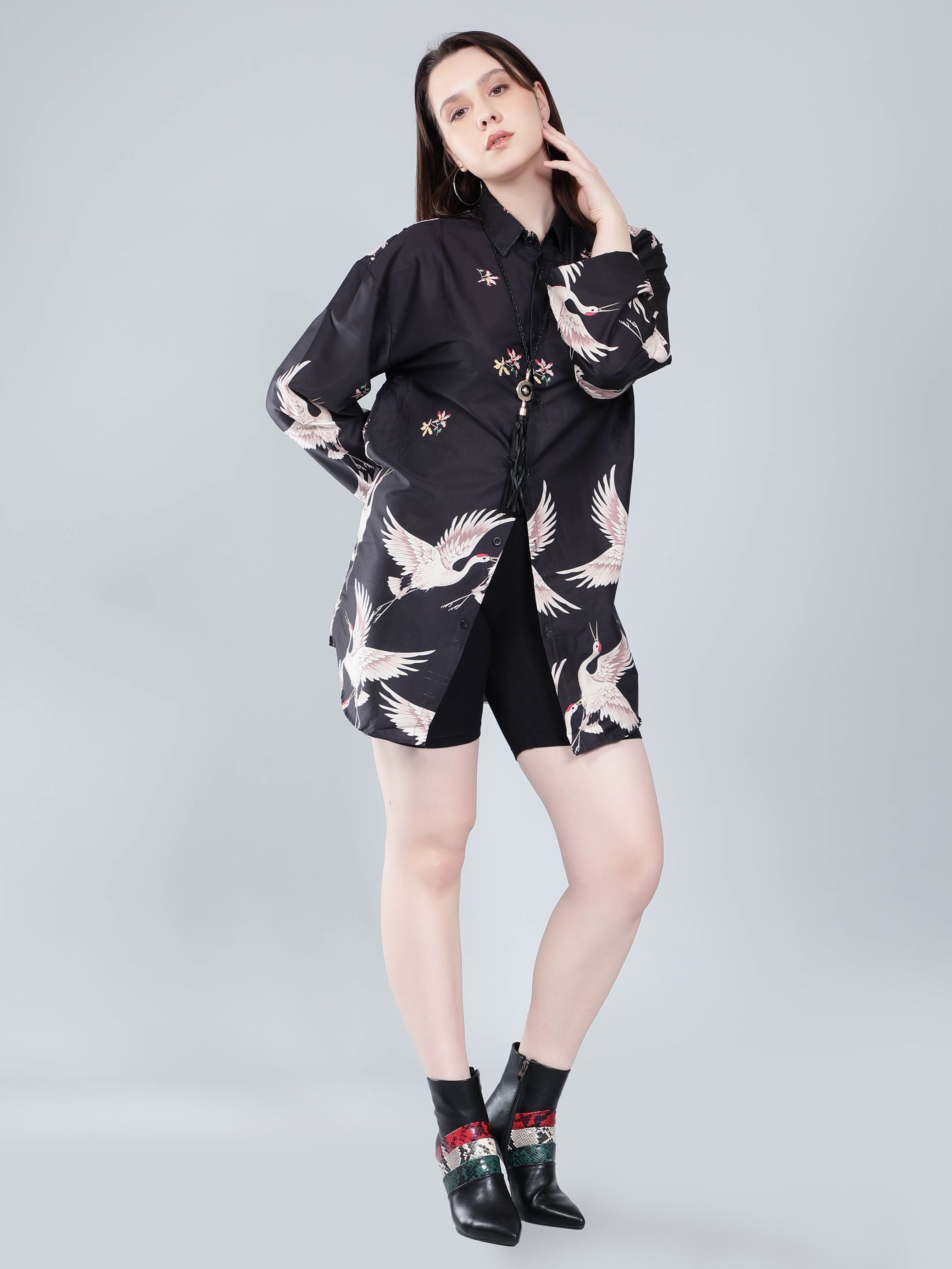 Crane Print Oversized Shirt