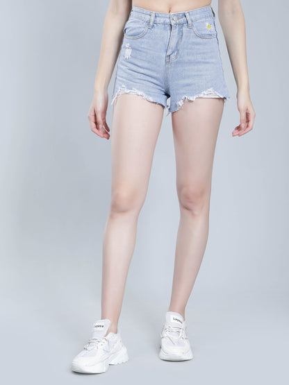 Flower Embroidery Ripped Denim Shorts