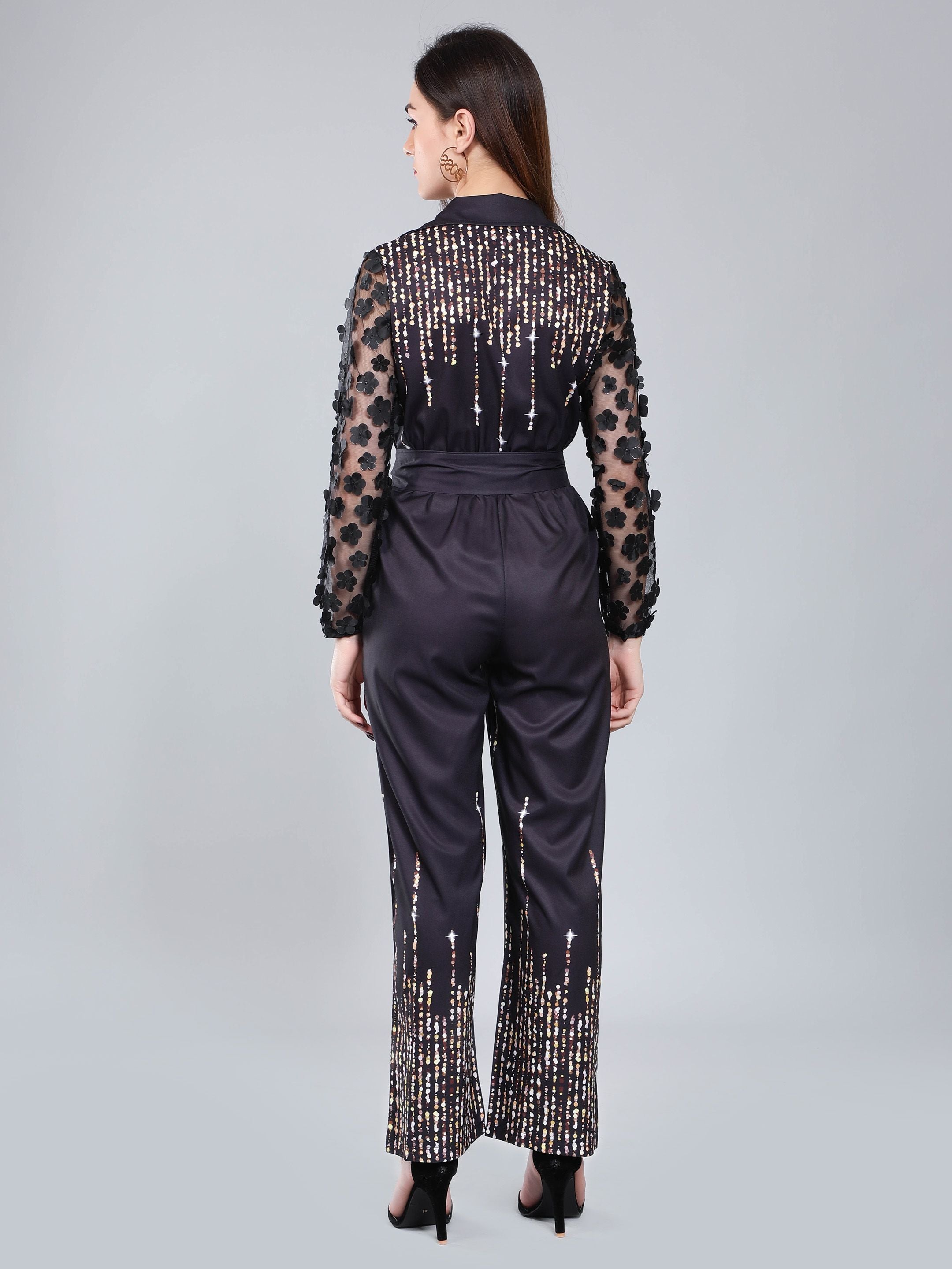 Tulle Sleeves Printed Jumpsuit