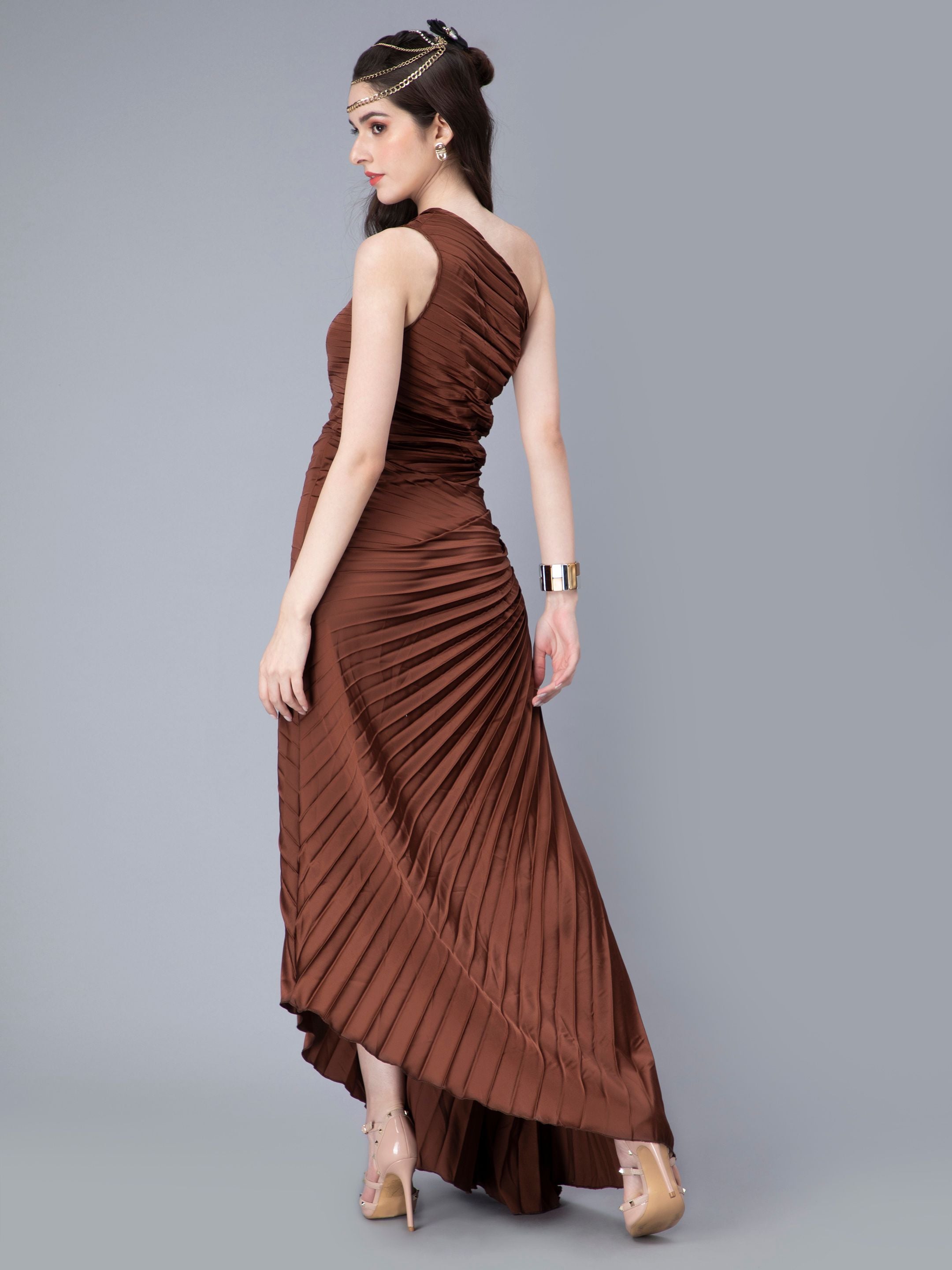 Fan Pleats One-Shoulder Dress