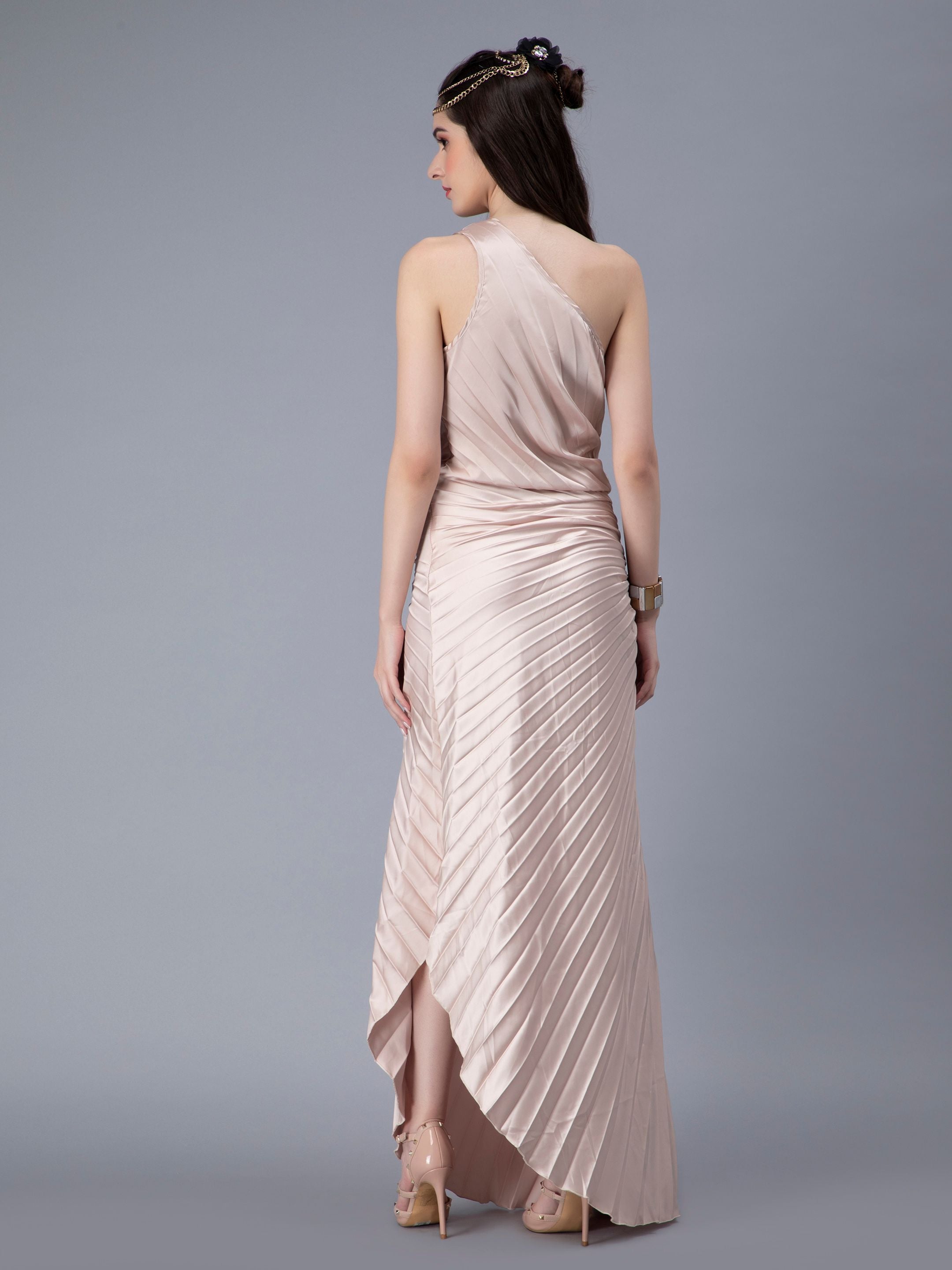Fan Pleats One-Shoulder Dress