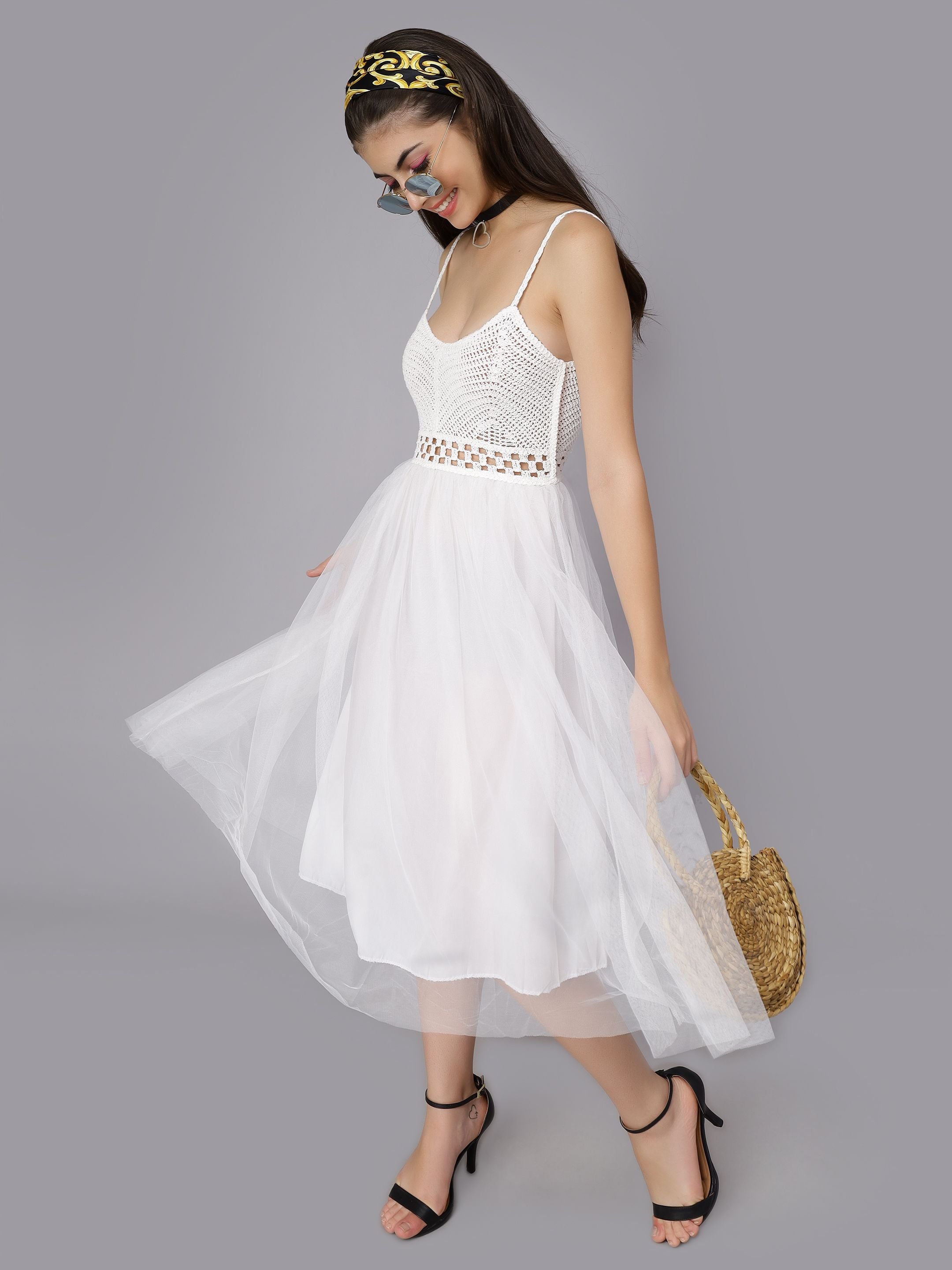 Summer Crochet Tulle Midi Dress