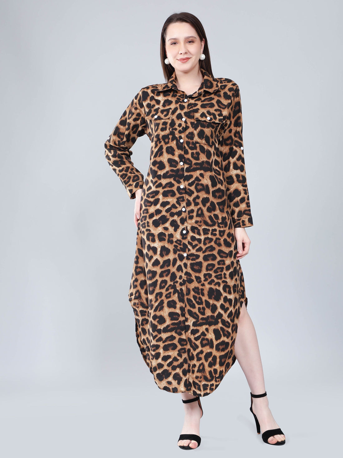 Leopard Print Long Shirt Dress