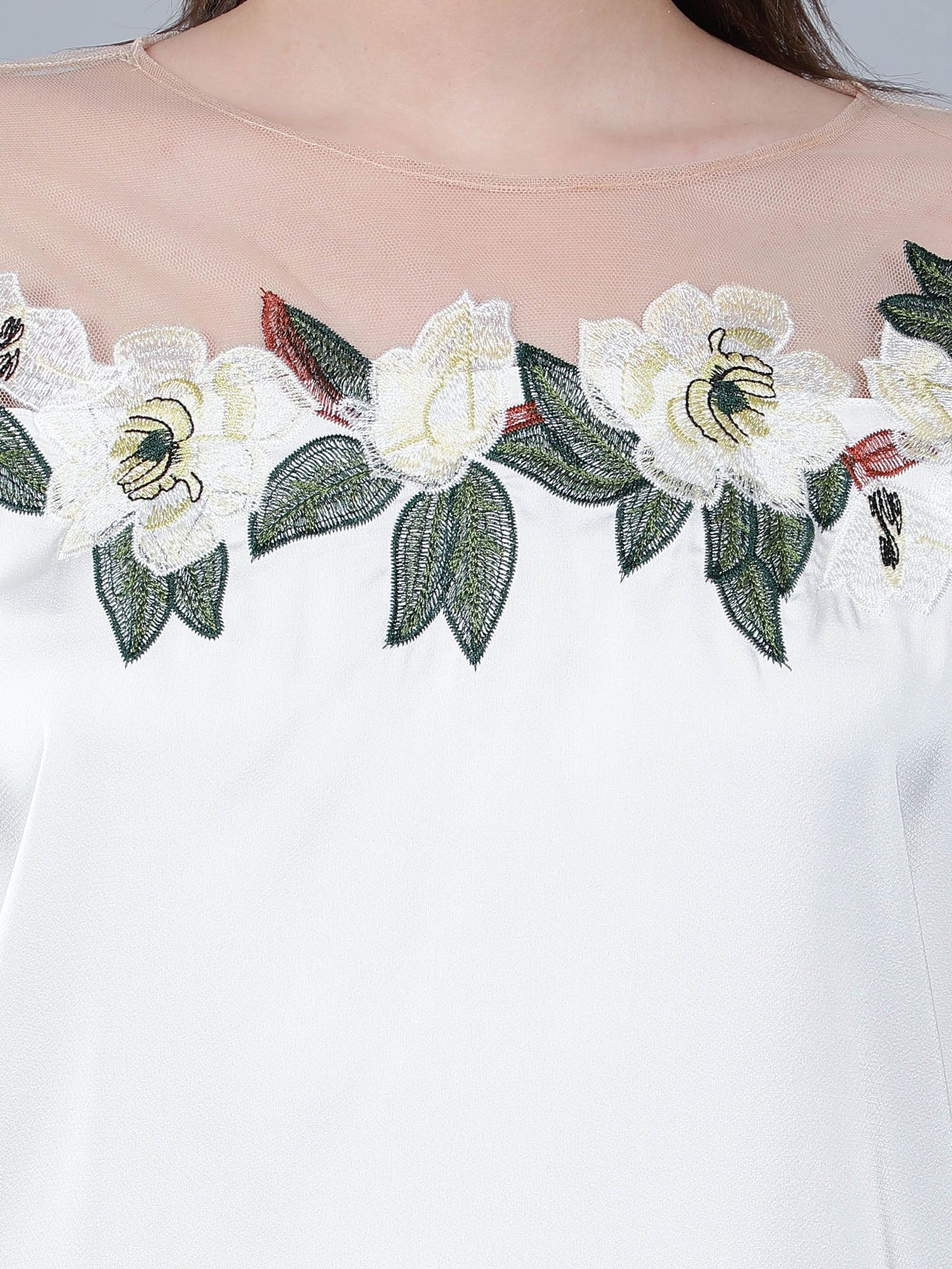 Flower Embroidery Satin Blouse