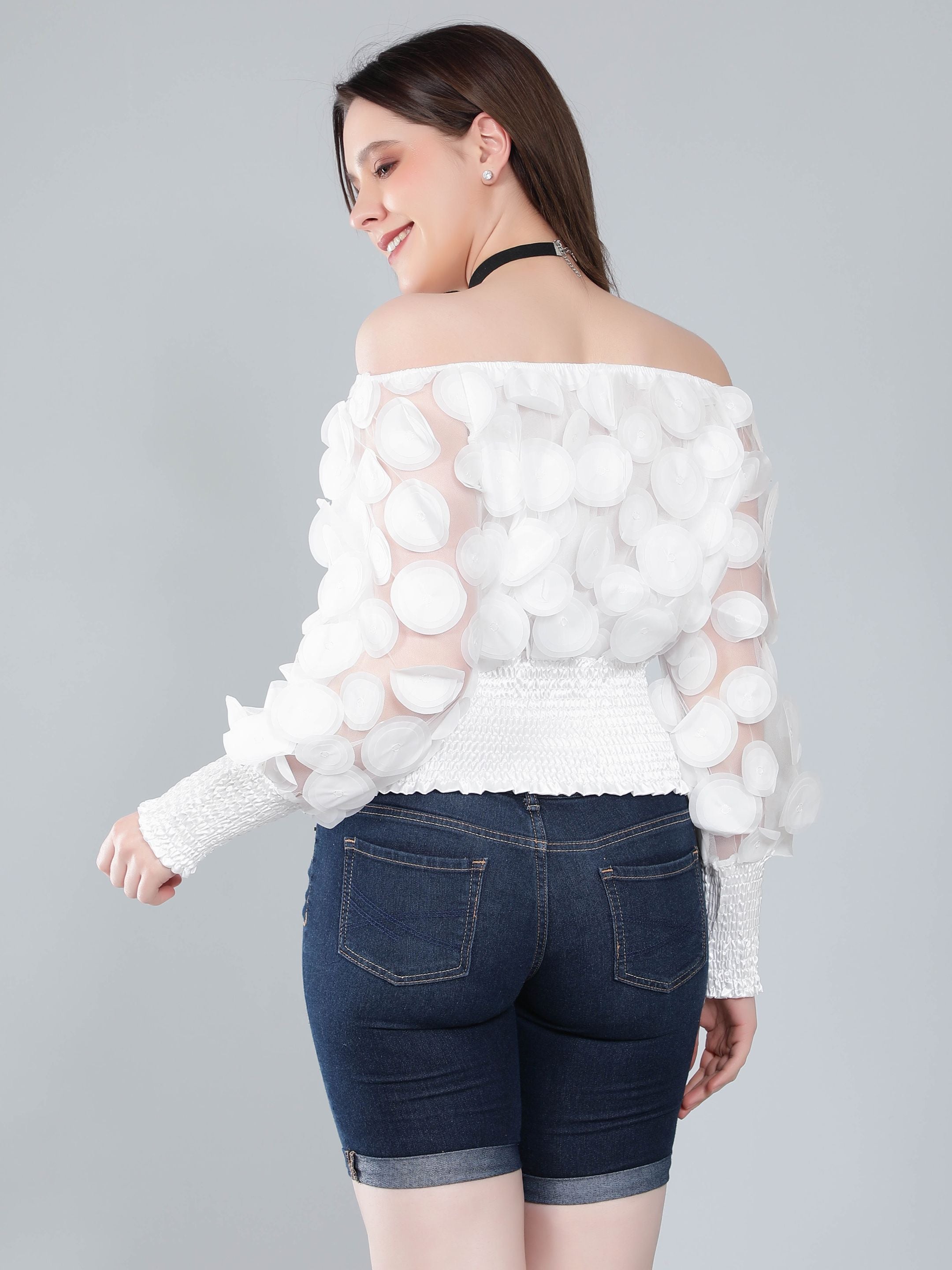 Lantern Sleeve Mesh Ruched Blouse