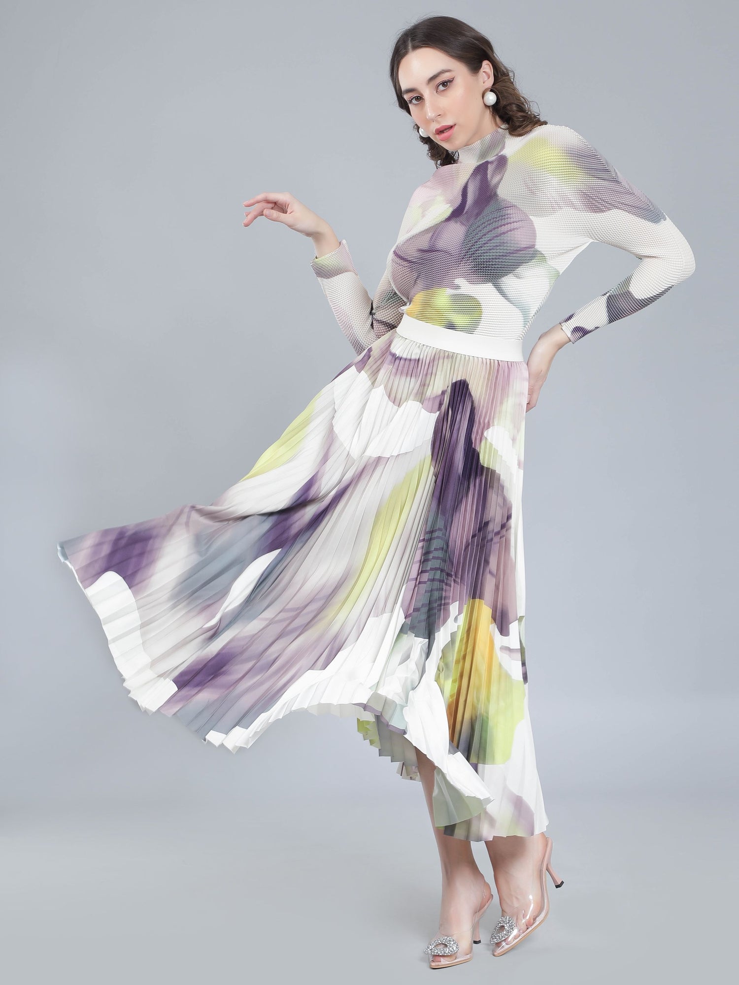 Chromatic Printed Pleated Two Piece Set