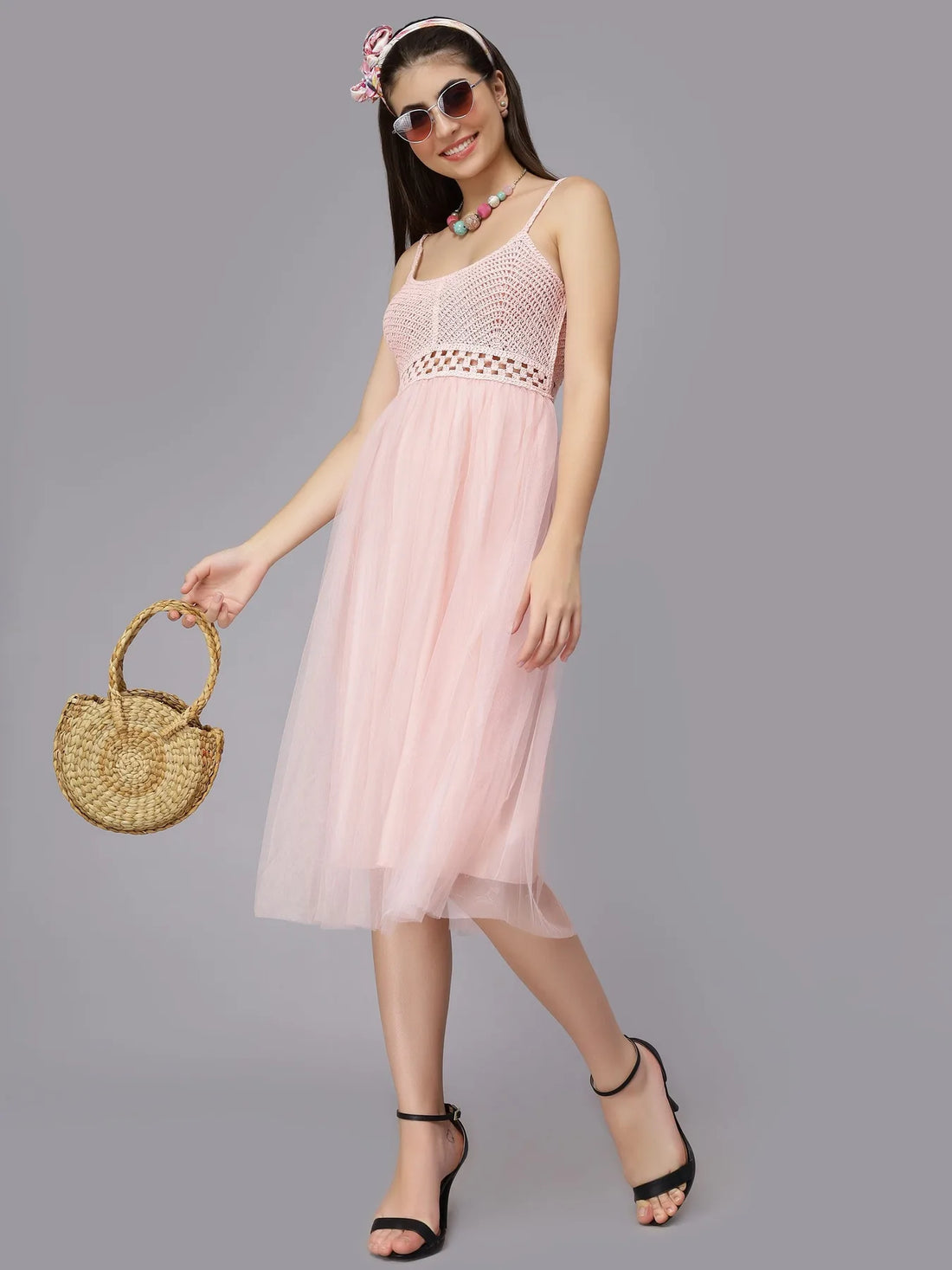 Summer Crochet Tulle Midi Dress
