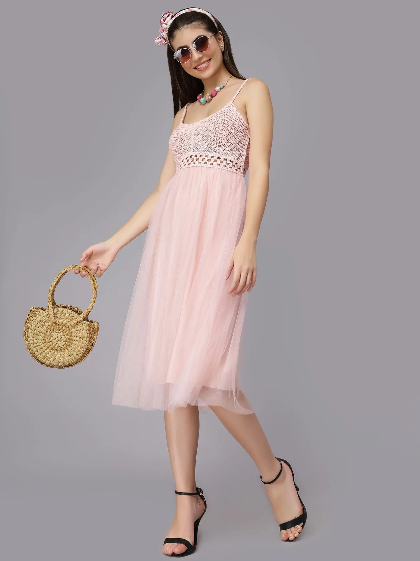 Summer Crochet Tulle Midi Dress