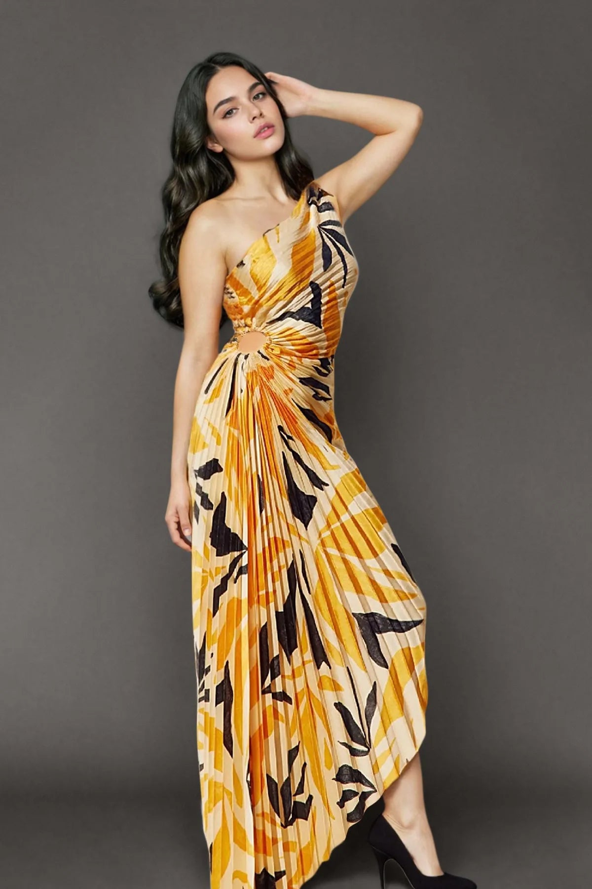One-Shoulder Pleated Maxi Dress