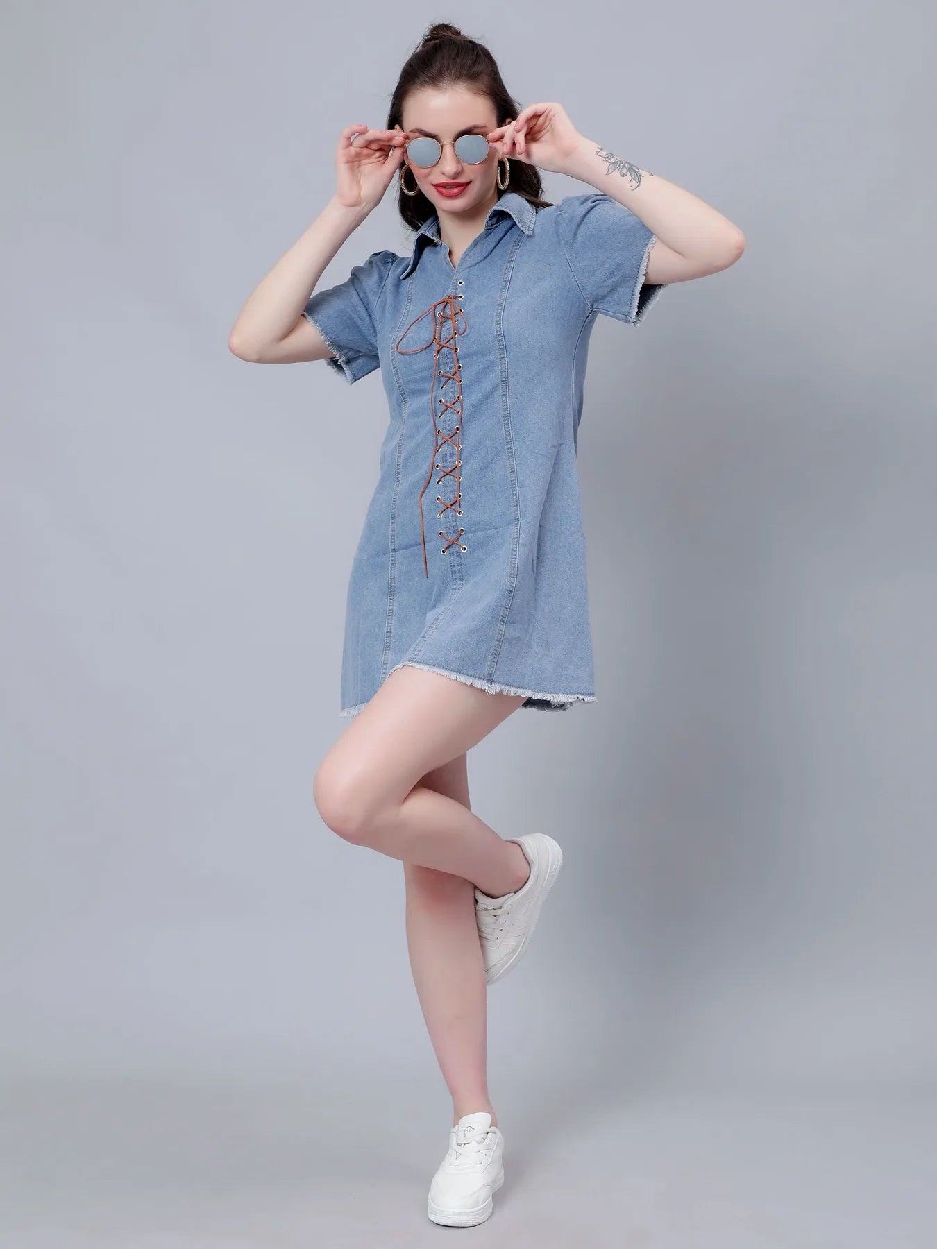 Lace Up Denim Short Dress