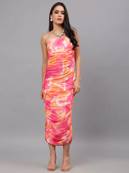 Ruched Printed Tulle Dress