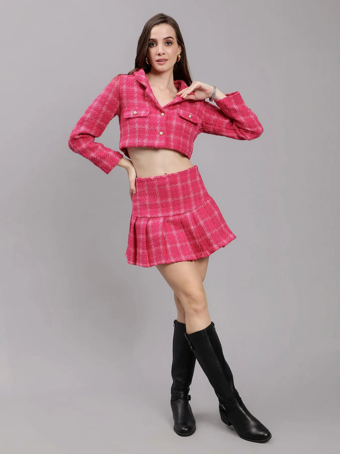 Plaid Tweed Blazer Skirt Set