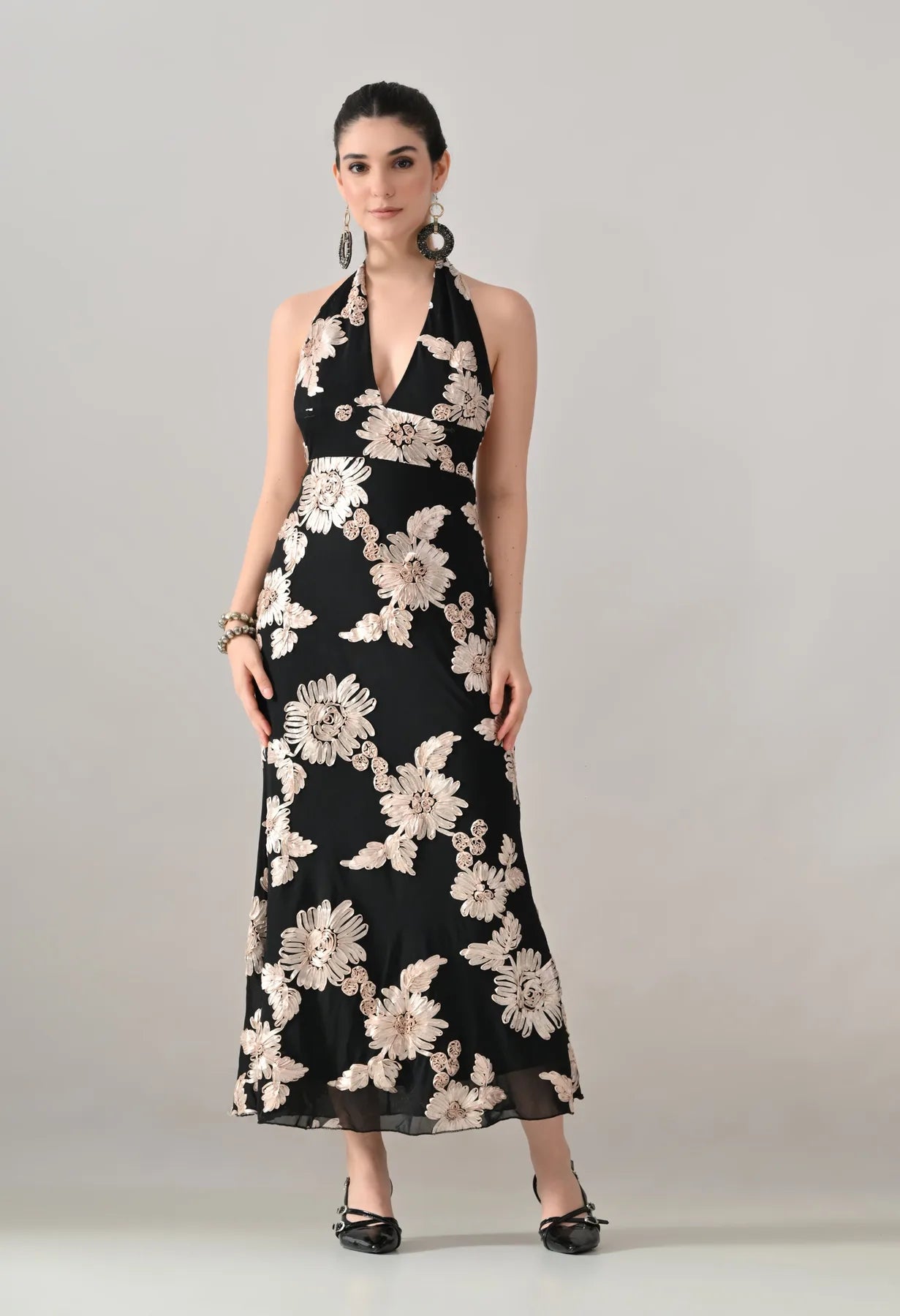 Midnight Bloom Halter Maxi Dress