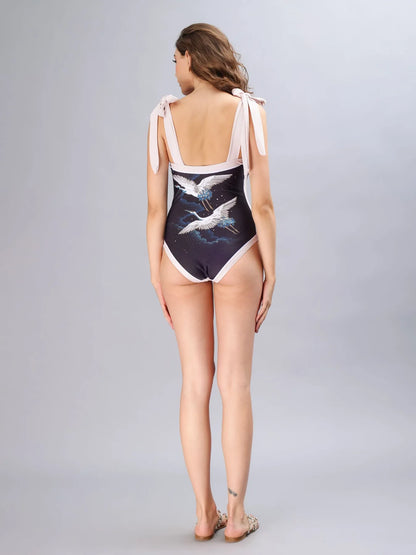 Bird Print Monokini With Sarong