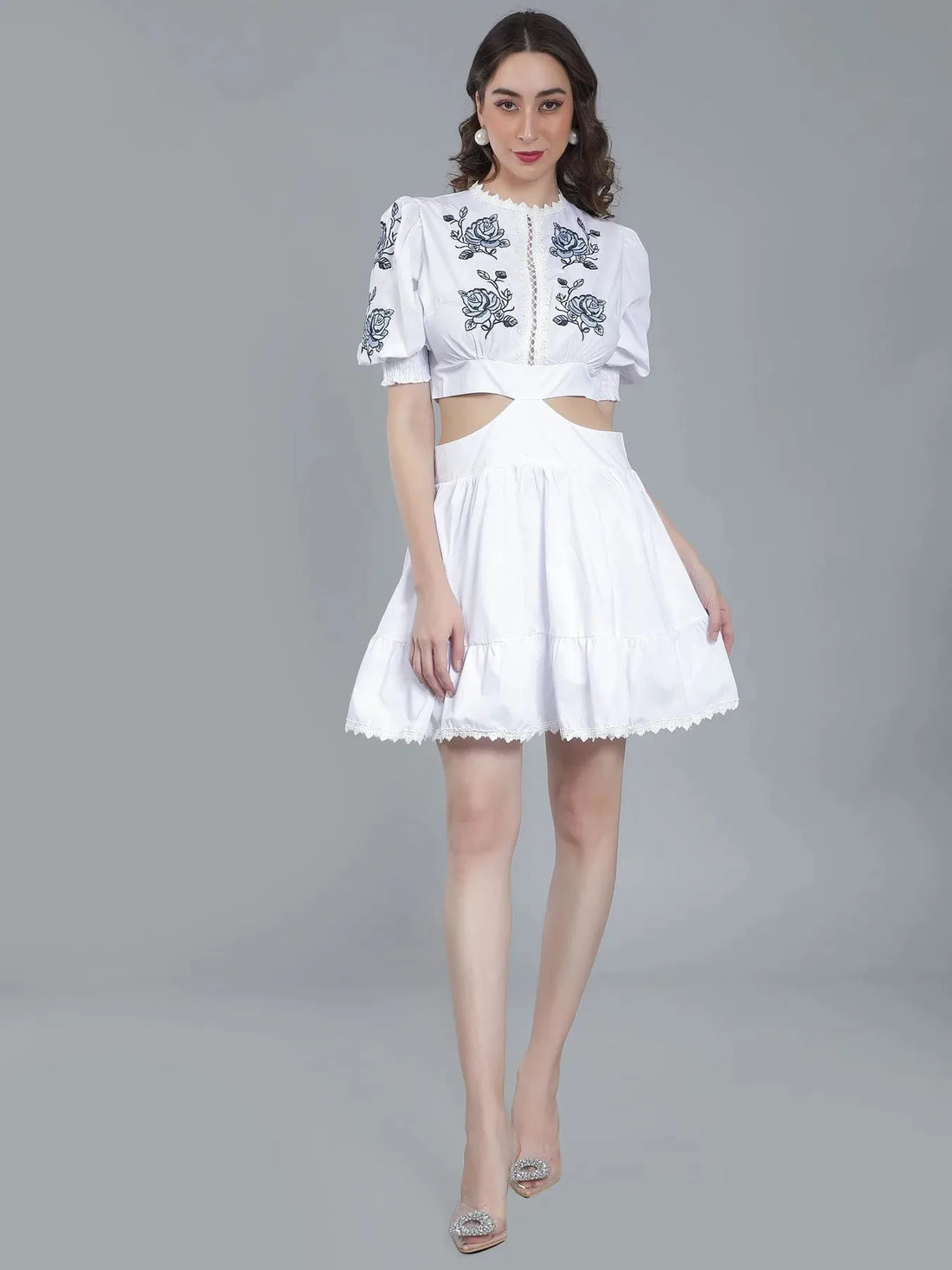 Flower Embroidery Waist Cut Out Dress