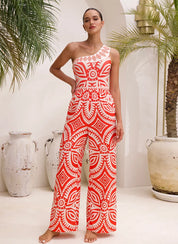 Printed One Shoulder Monokini With Pants