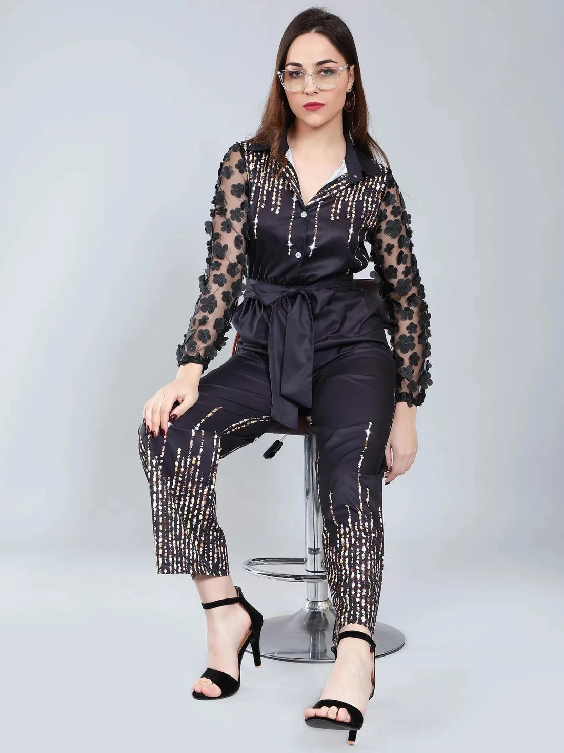 Tulle Sleeves Printed Jumpsuit