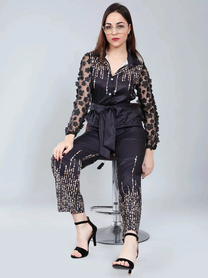 Tulle Sleeves Printed Jumpsuit