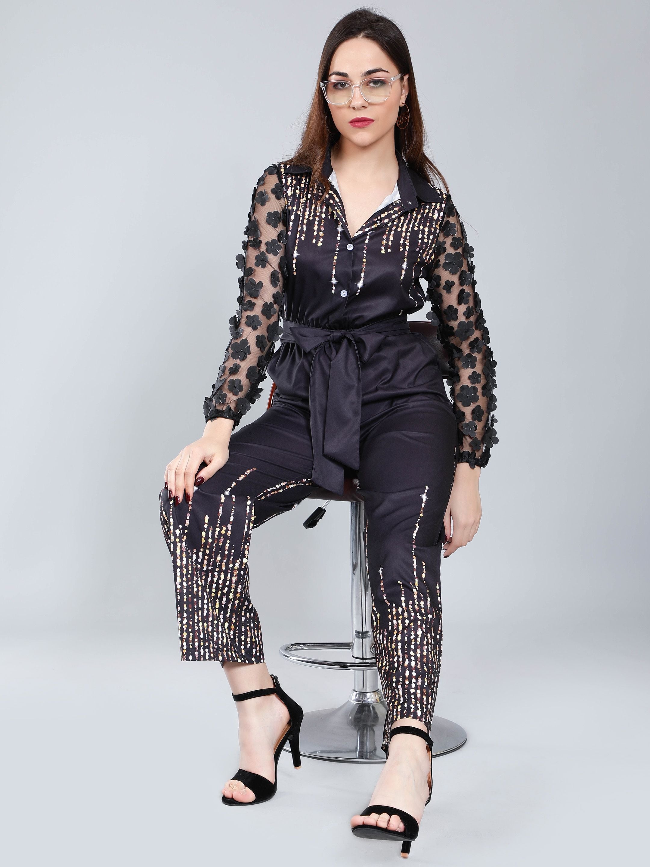 Tulle Sleeves Printed Jumpsuit