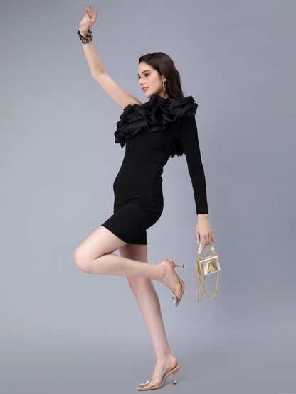One Shoulder Ruffle Rib Knit Dress