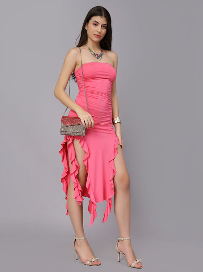 Ruffle Trim Split Thigh Tube Dress