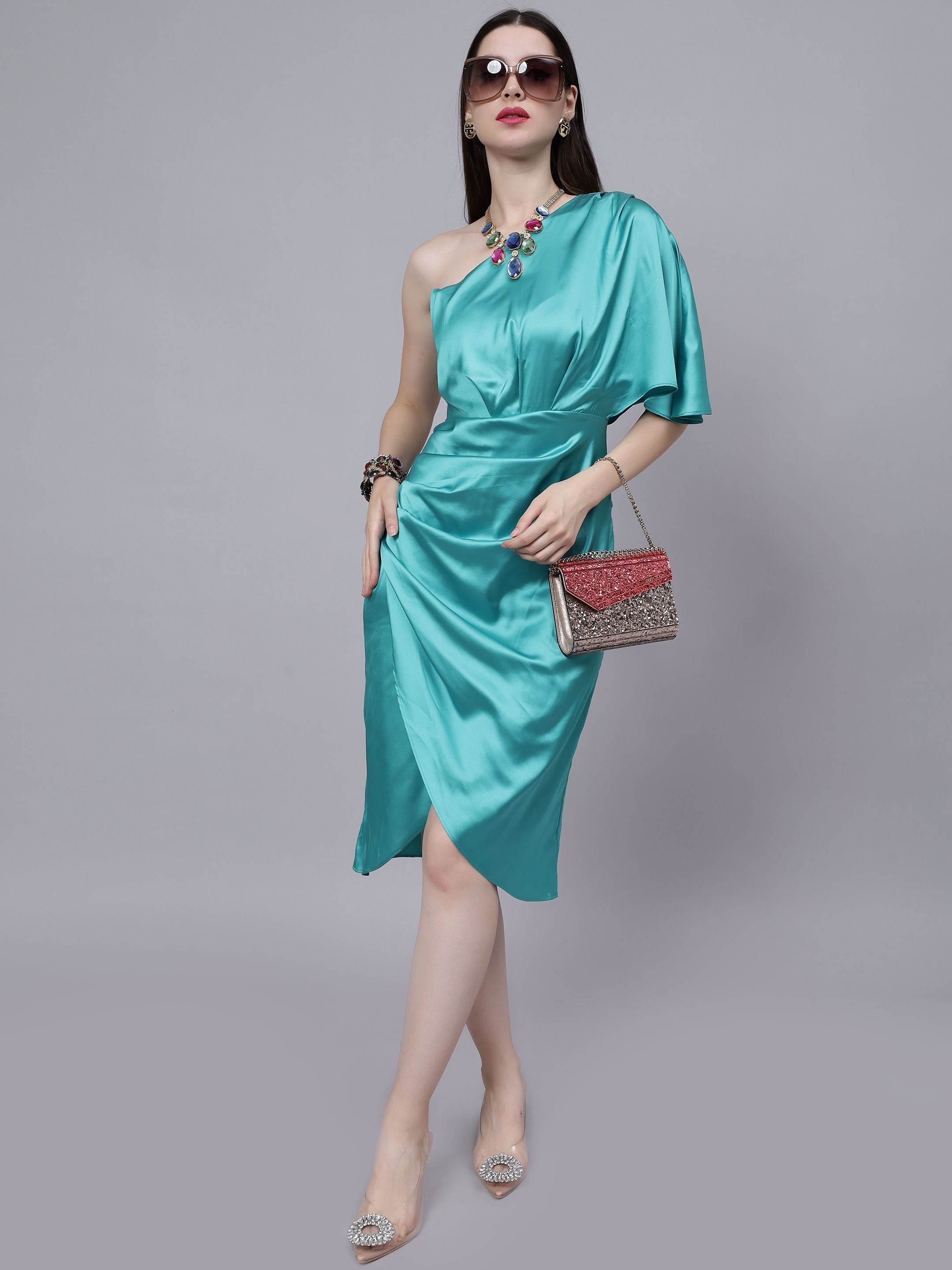 Off Shoulder Satin Midi Dress