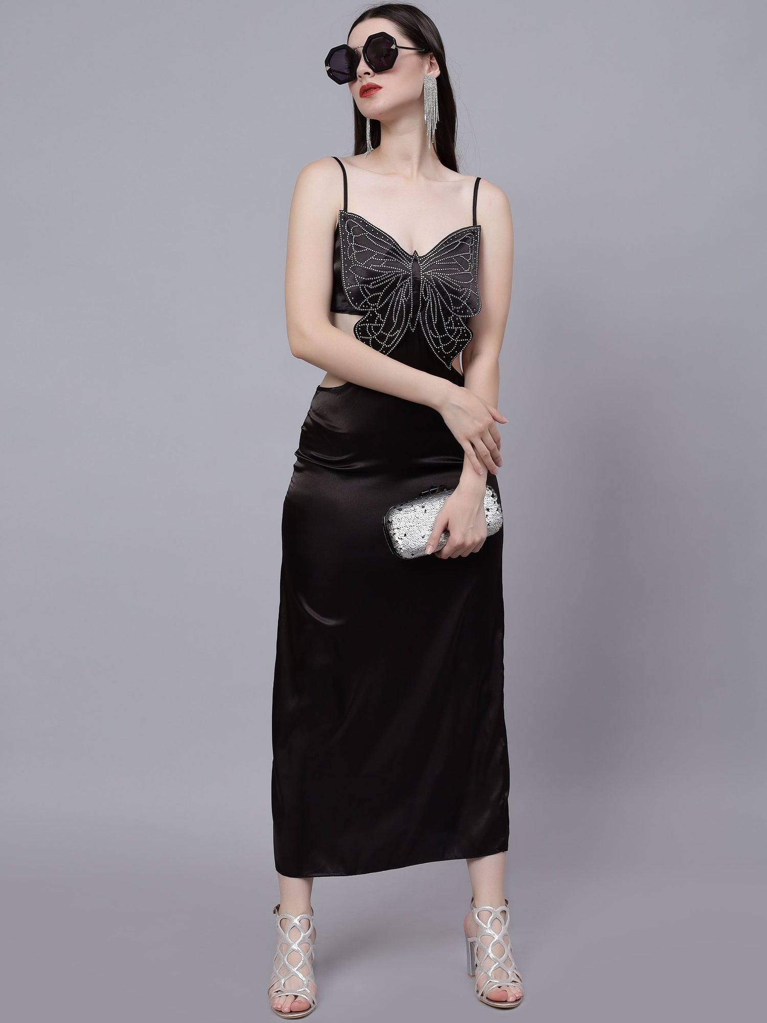 Rhinestone Butterfly Patch Slip Dress