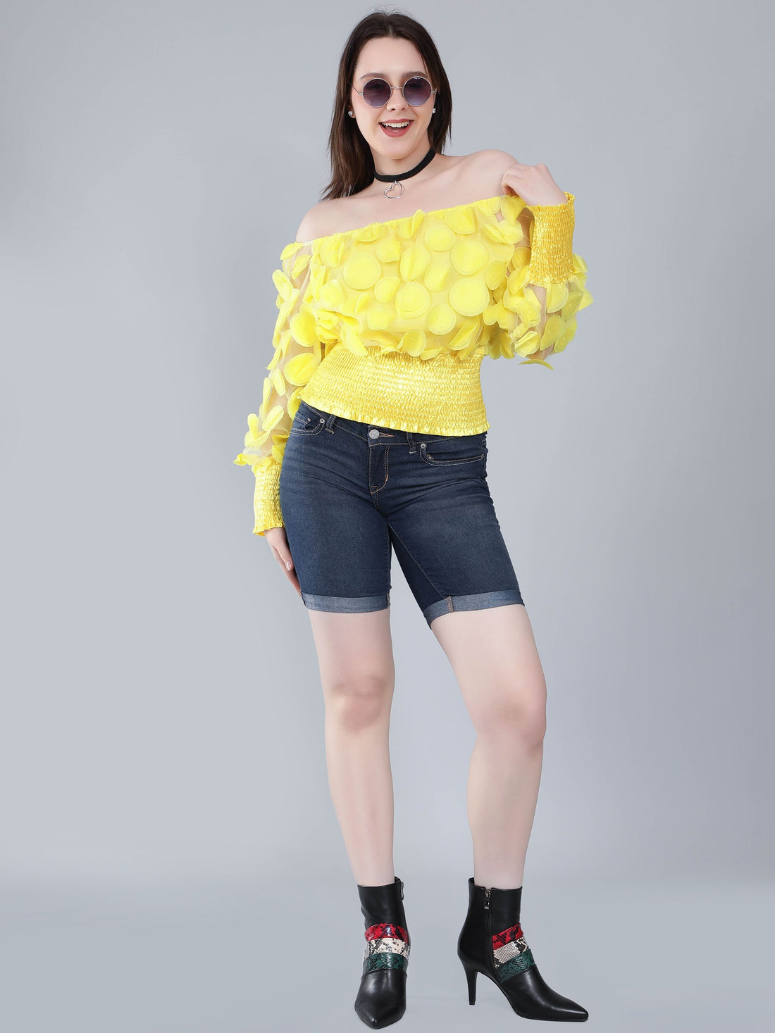 Lantern Sleeve Mesh Ruched Blouse