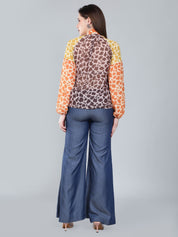 Leopard Print Colorblock Tie Neck Blouse