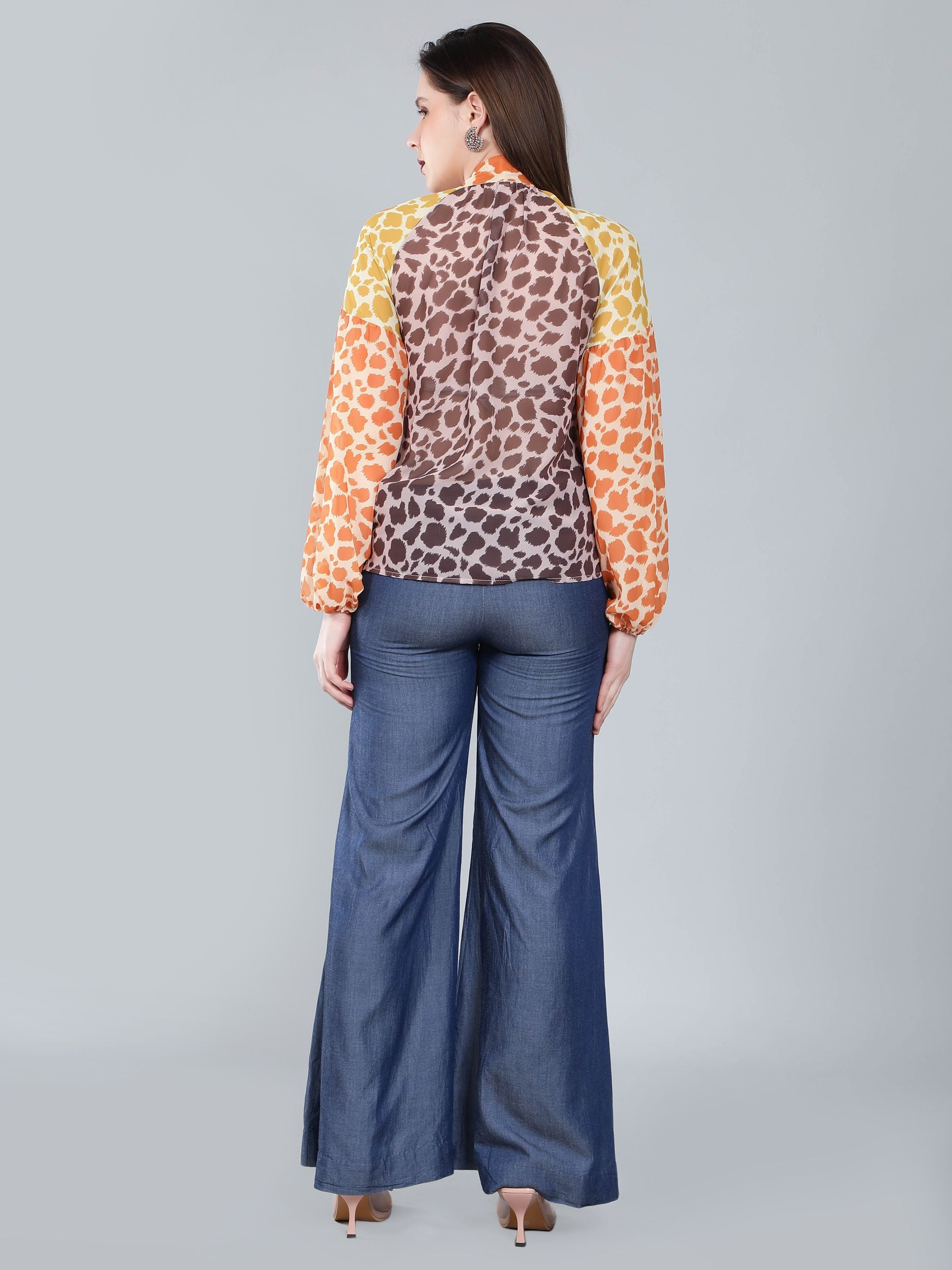 Leopard Print Colorblock Tie Neck Blouse