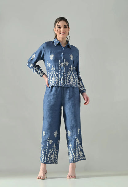 Embroidered Denim Ease Co-ord Set