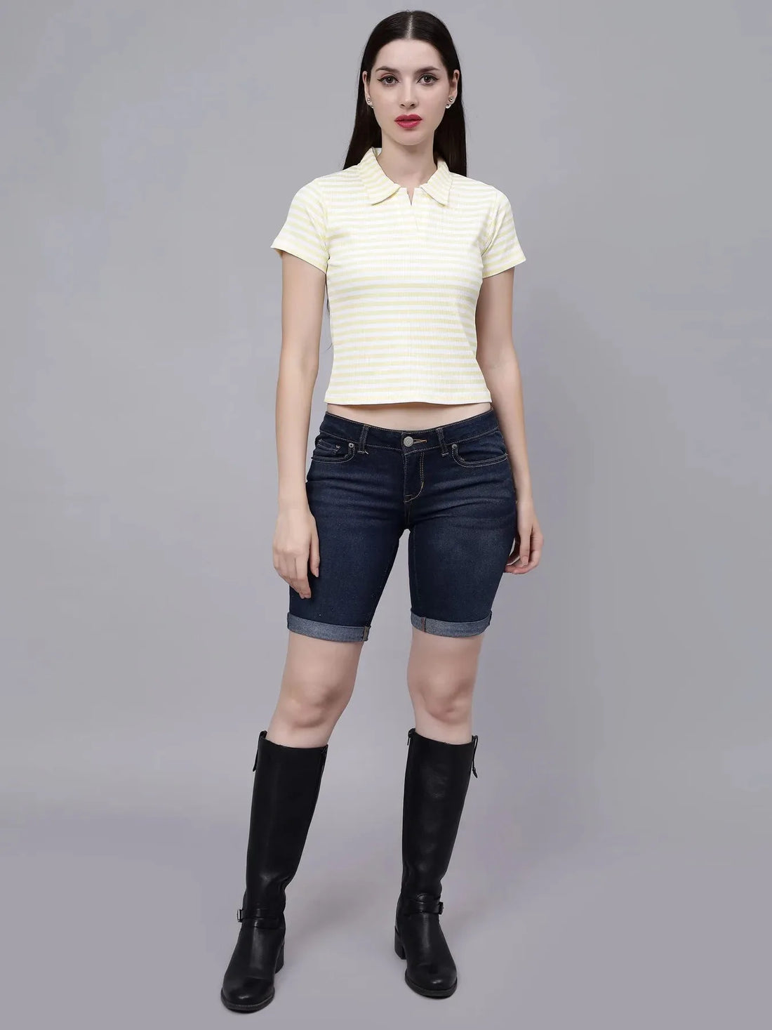 Cotton Striped Polo Neck T-Shirt