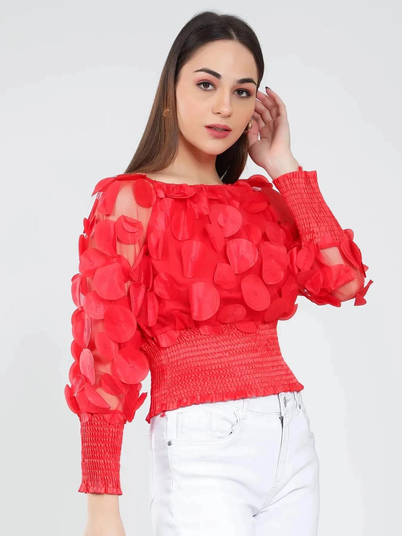 Lantern Sleeve Mesh Ruched Blouse