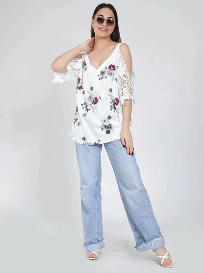 Cold Shoulder Lace Sleeves Blouse