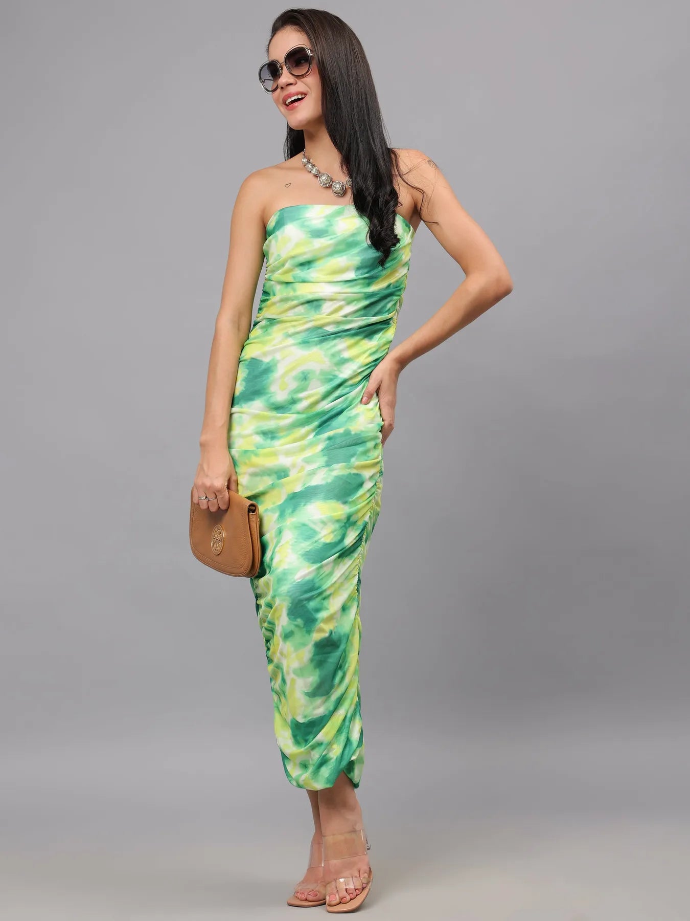 Ruched Printed Tulle Dress