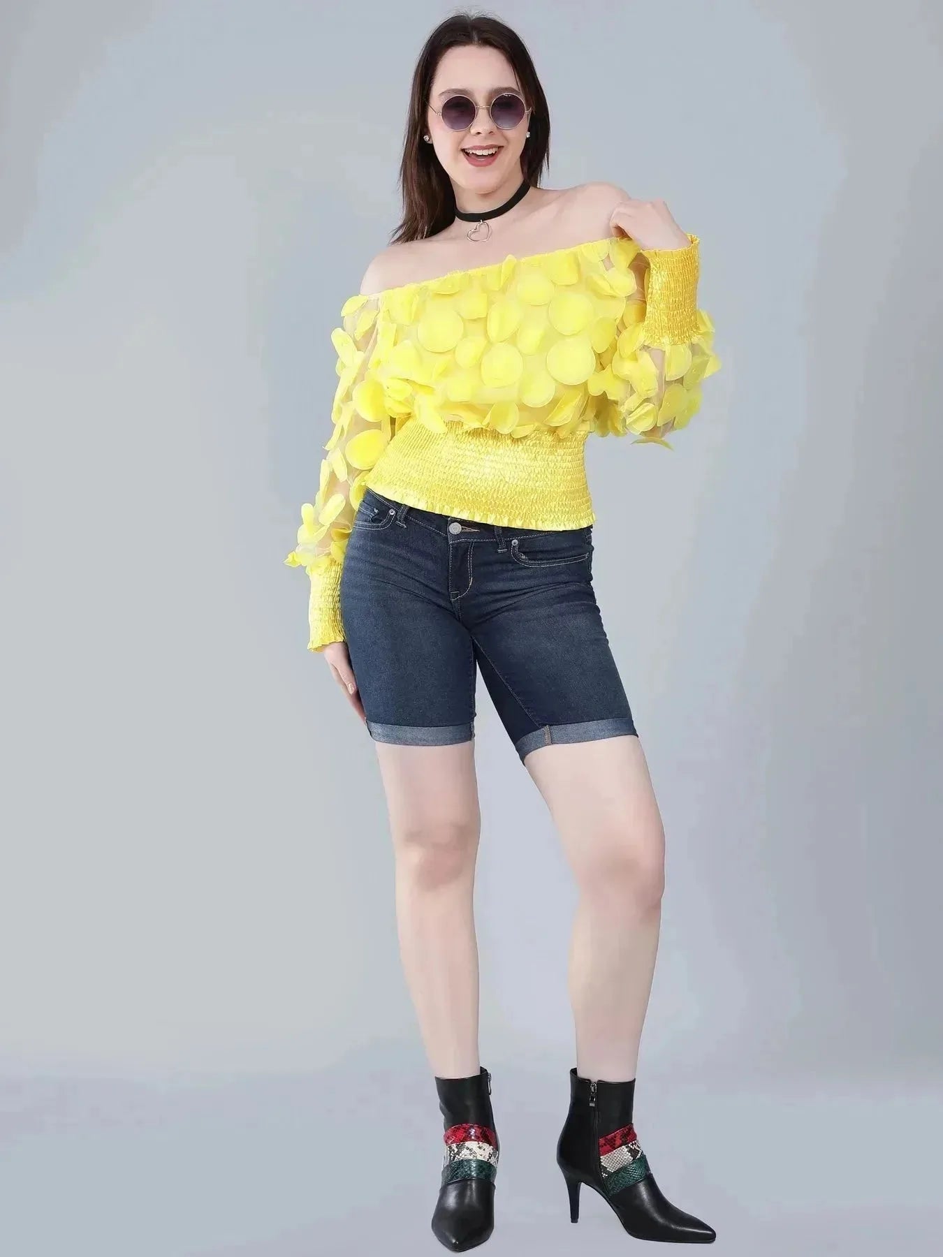 Lantern Sleeve Mesh Ruched Blouse