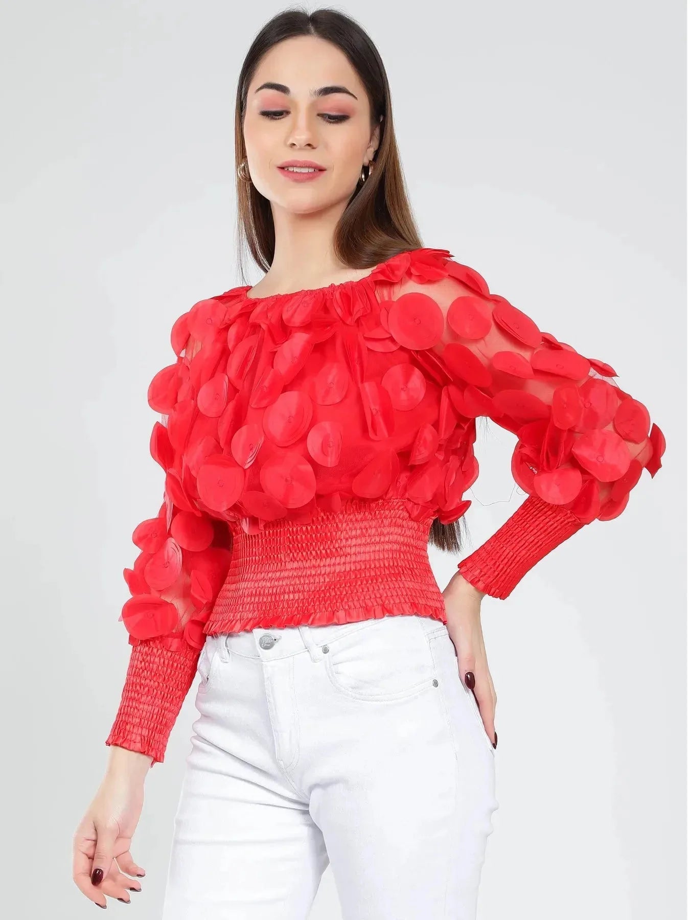 Lantern Sleeve Mesh Ruched Blouse