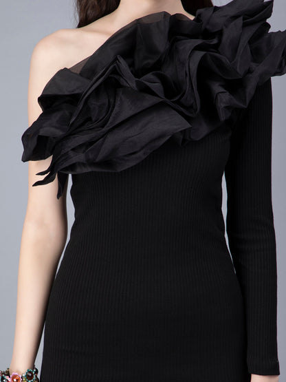 One Shoulder Ruffle Rib Knit Dress