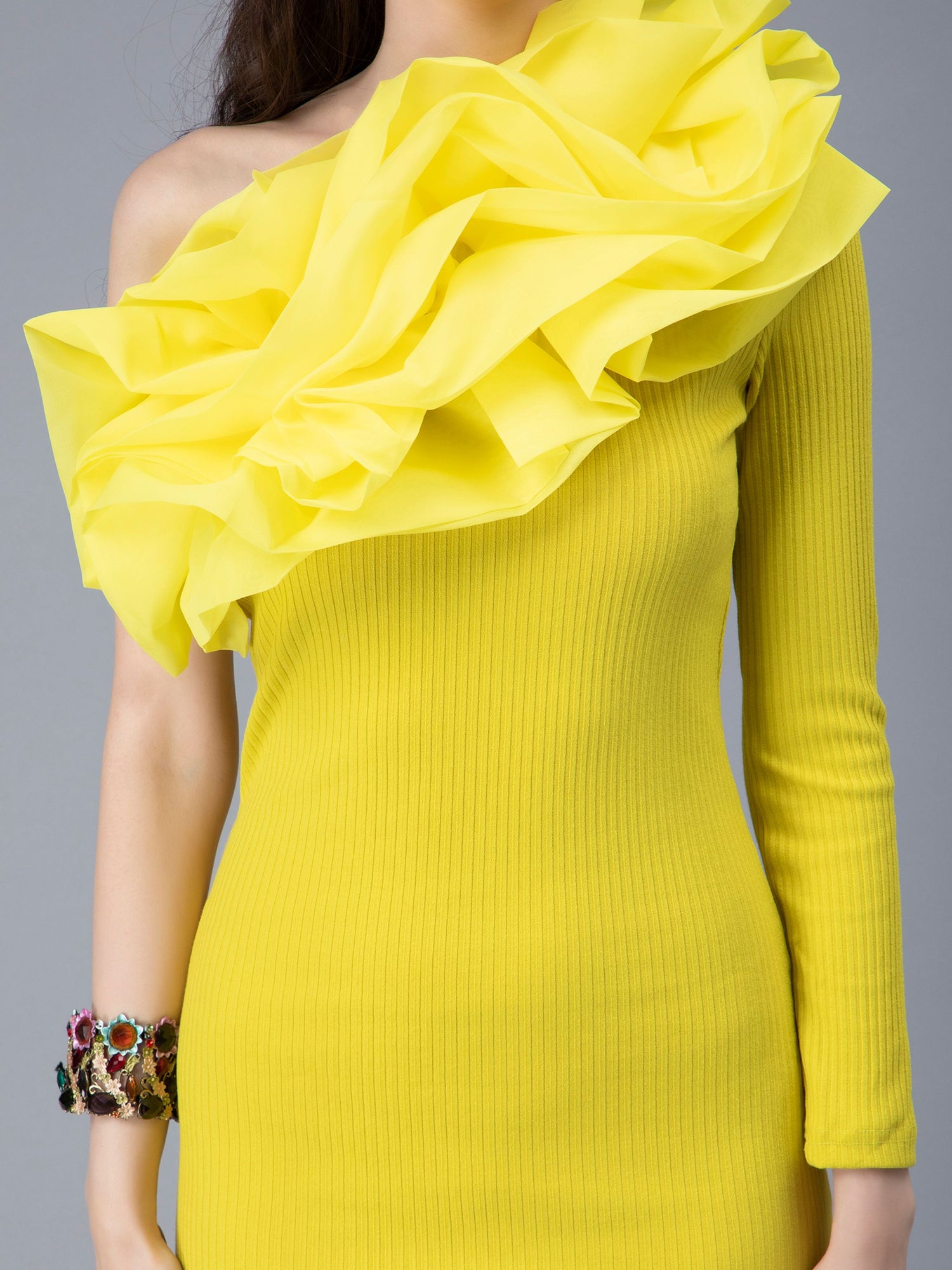 One Shoulder Ruffle Rib Knit Dress