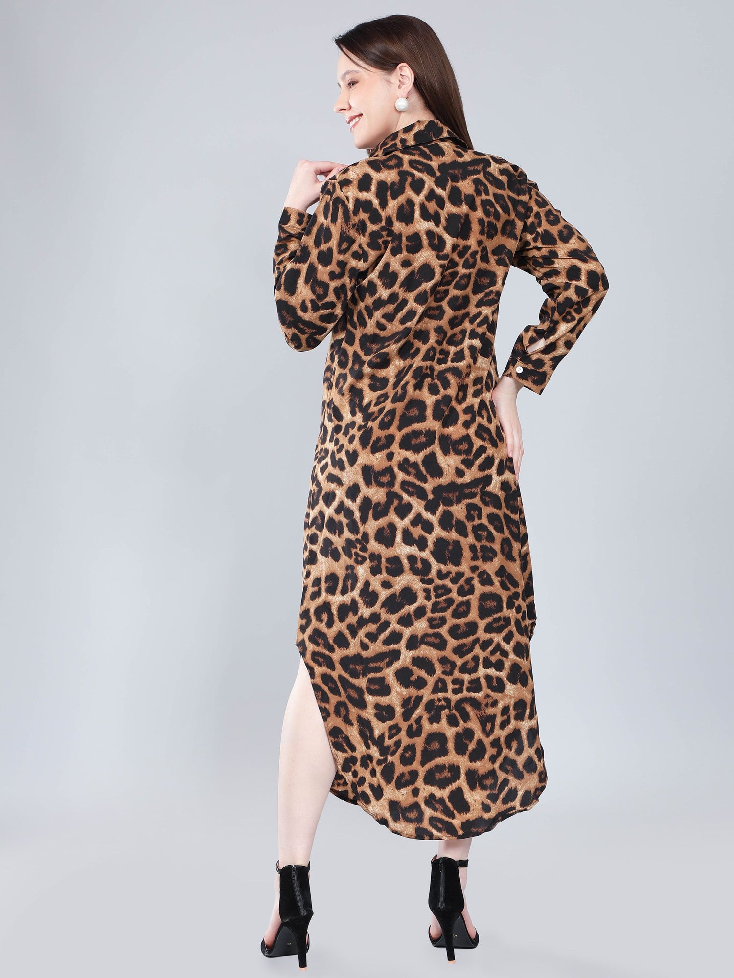 Leopard Print Long Shirt Dress