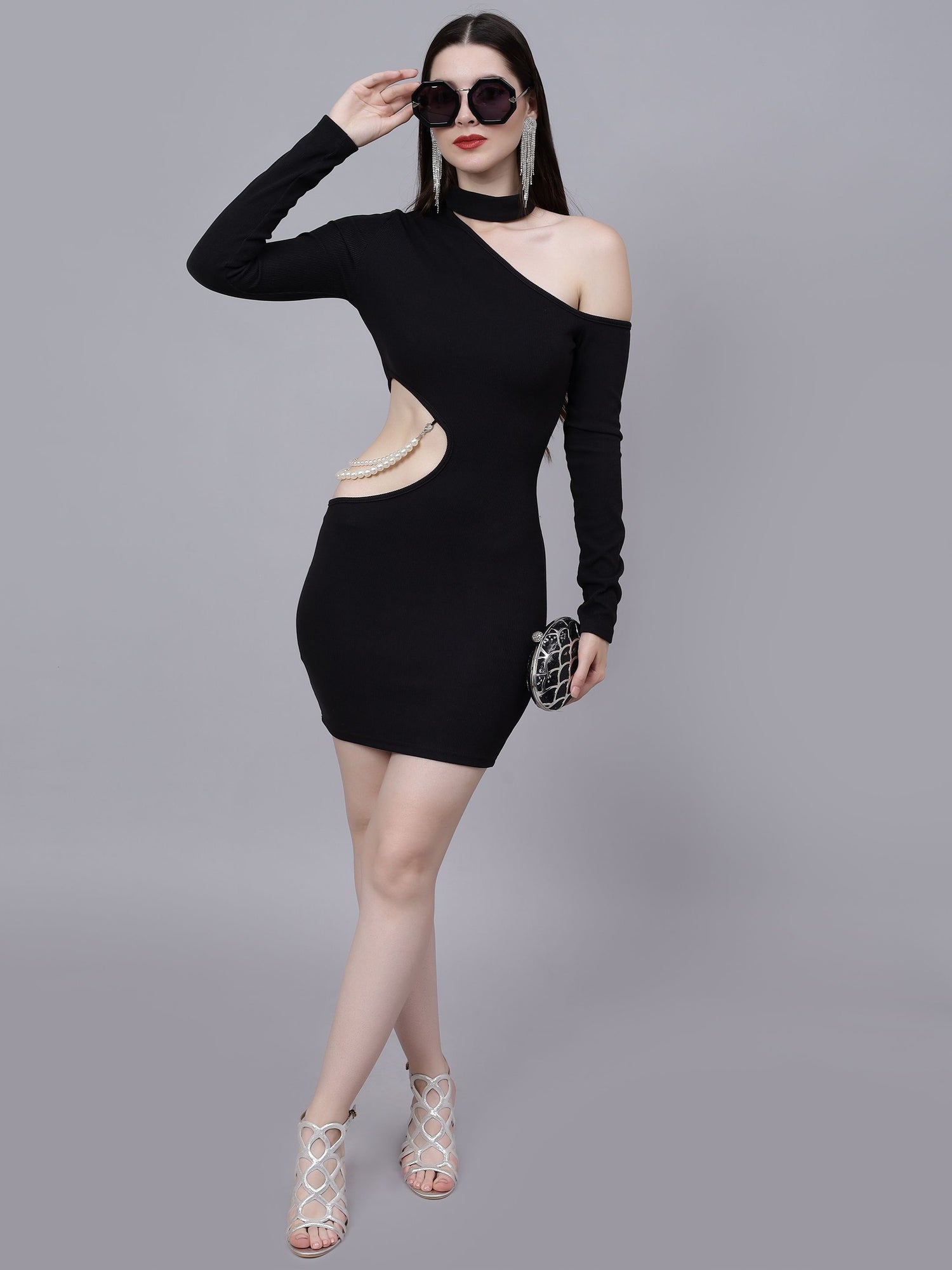 Pearl Detail Asymmetric Neck Cutout Dress