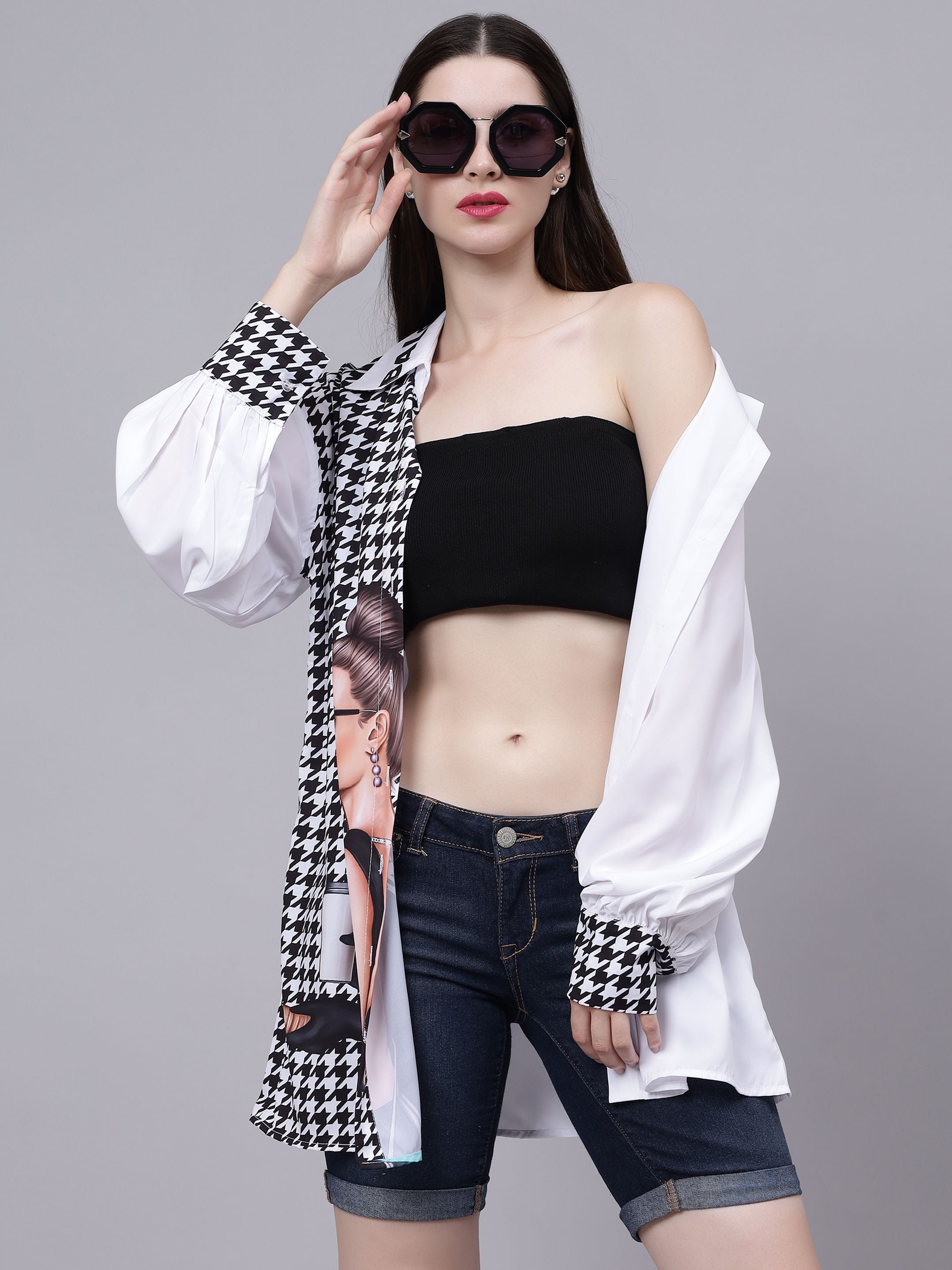 Houndstooth Pattern Oversized Shirt