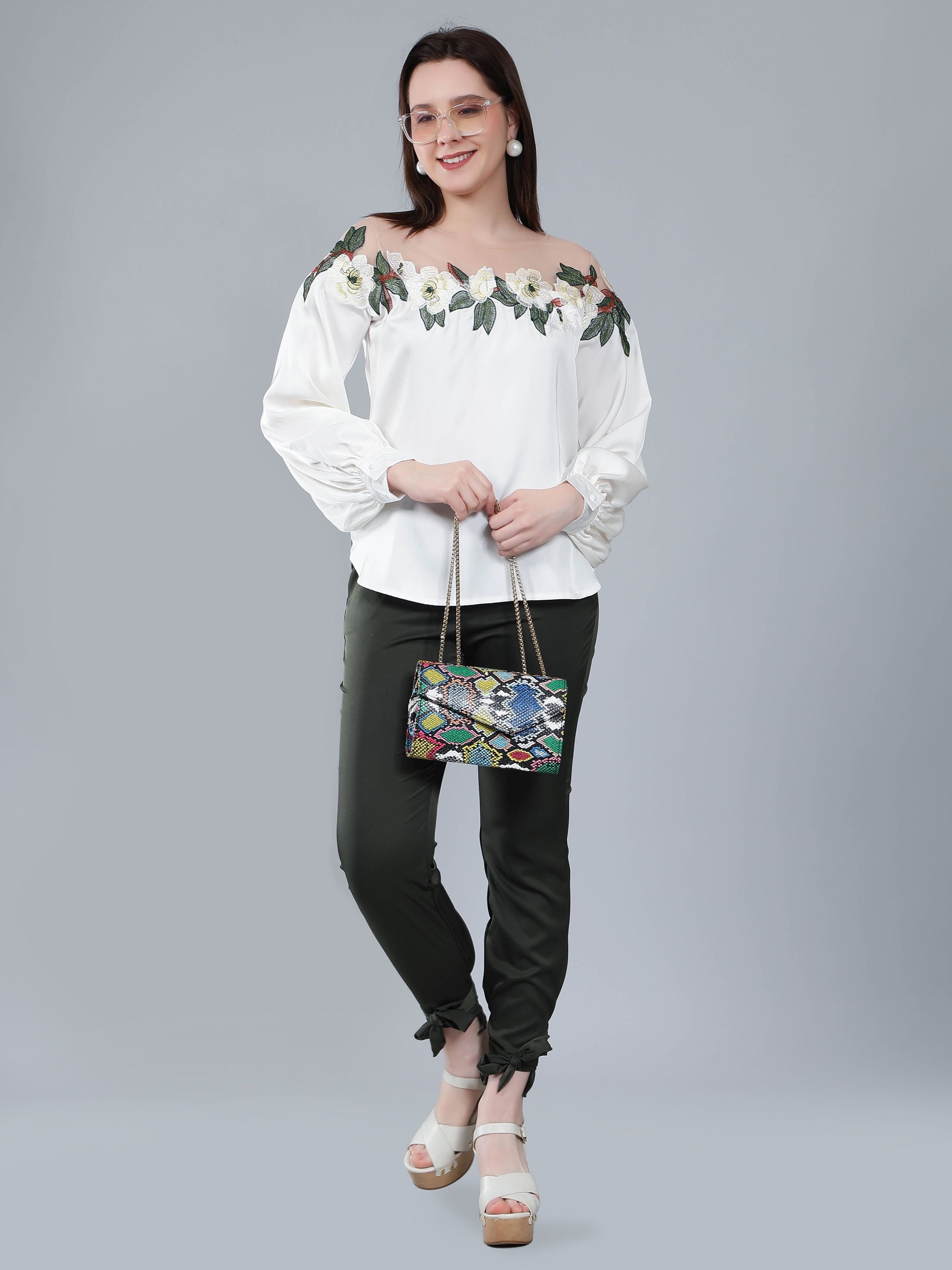 Flower Embroidery Satin Blouse