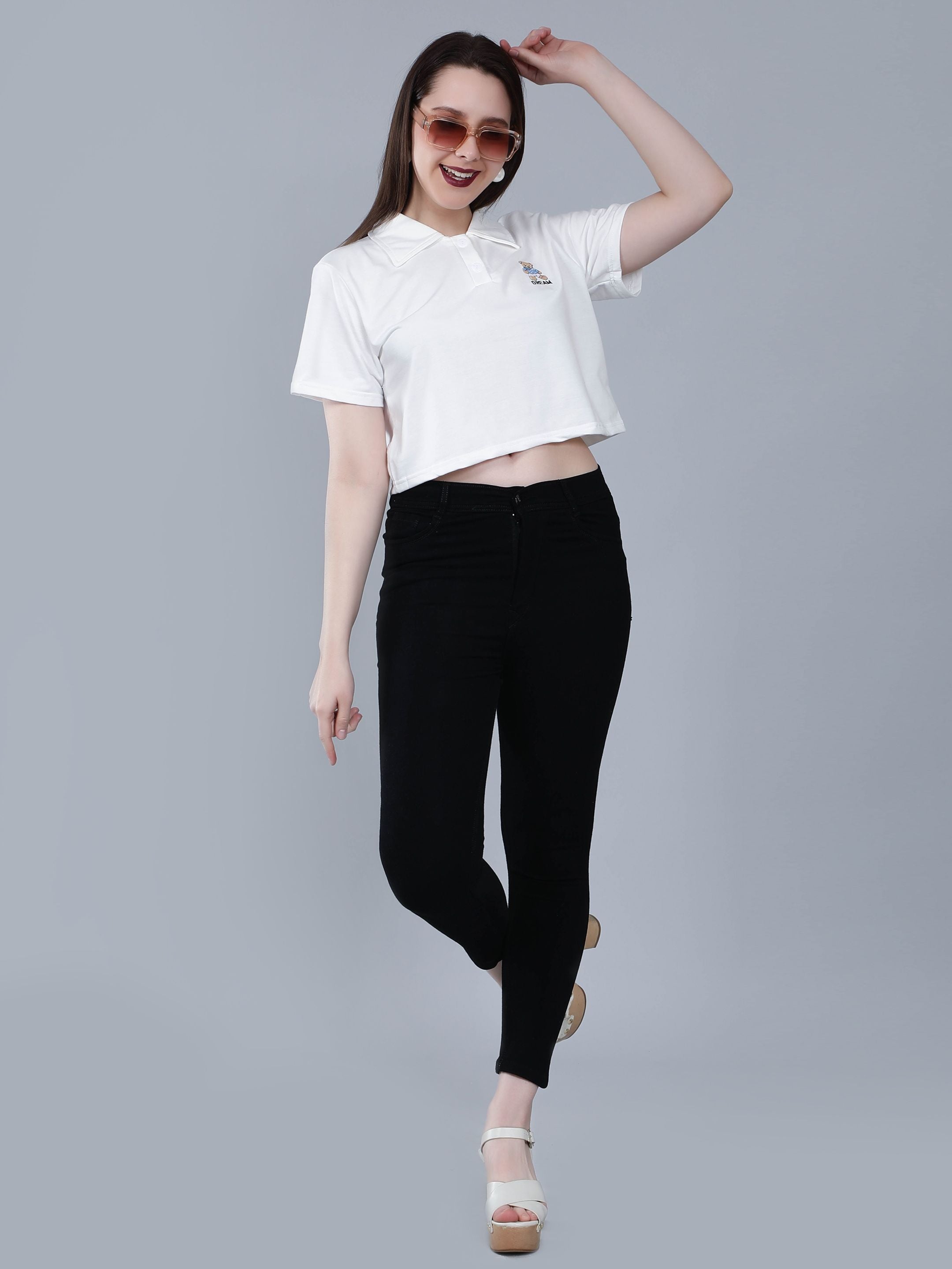 Bear Embroidered Cropped Polo Tee